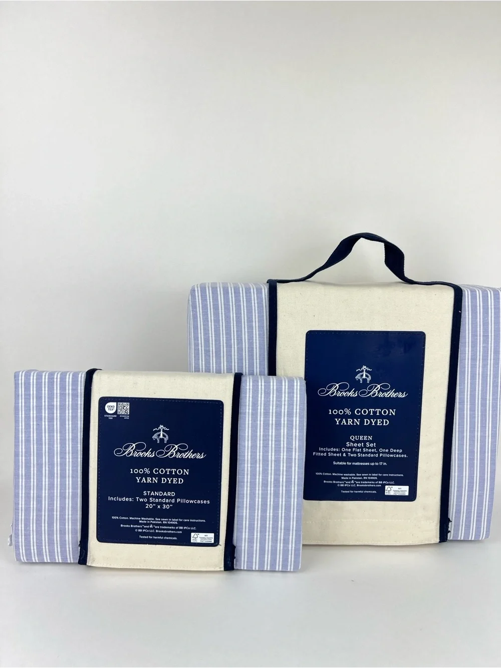 6 Pc Brooks Brothers Queen Sheet Set Blue White Stripe Cotton Yarn Dyed NEW